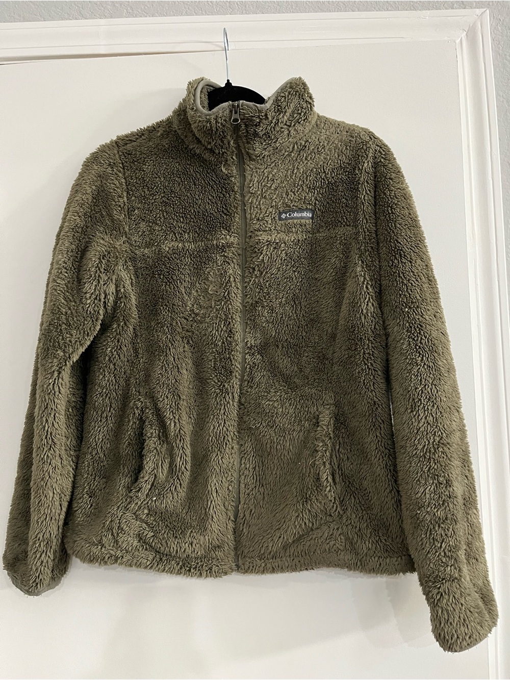 Columbia Sherpa Fleece Jacket Women's Size M Olive Green Full Zip High Pile Fuzz